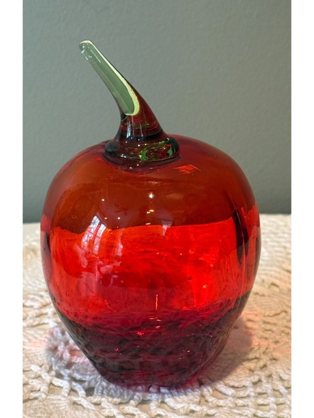 Vintage Ruby Red Art Glass Apple Green Stem Rainbow Glass Style